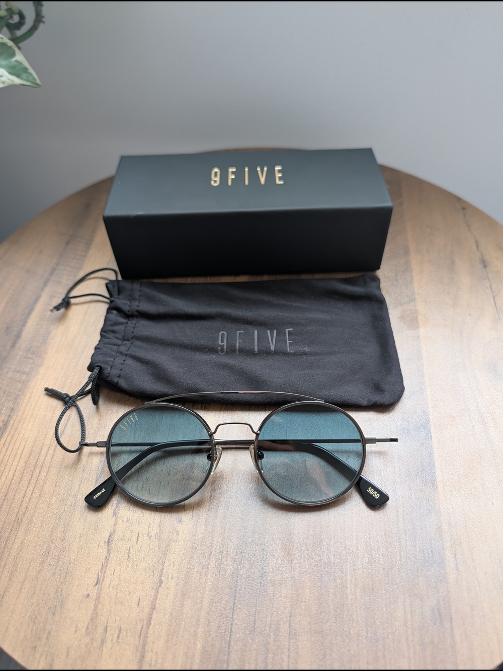 9FIVE Round Metal Sunglasses in Gunmetal with Aqua Blue Lenses